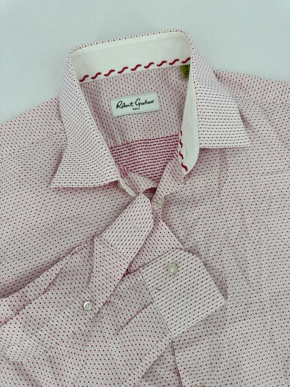 Robert Graham Dress Shirt Size 17 43 Pink Red Dot Cotton Long Sleeve